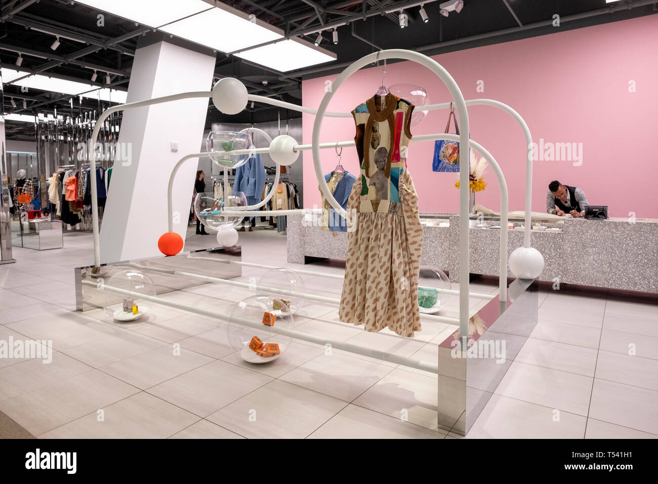 The modern & unusual interior of the Four Five Ten store, a luxury clothing boutique, at 20 Hudson Yards on the West Side of Manhattan Stock Photo