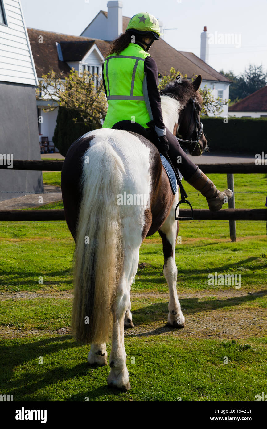 Kent, UK. A horse woman stretches out  a leg while out on a hack in the English country side. Stock Photo