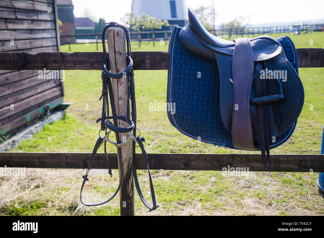 Kent, UK. Horse Saddle and Tack resting on a fence Stock Photo Alamy