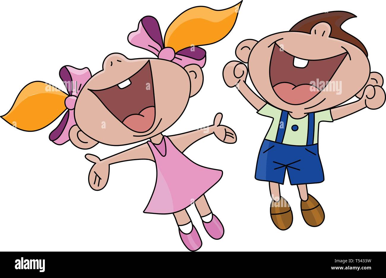 Happy cartoon boy and girl jumping in the air vector illustration Stock ...