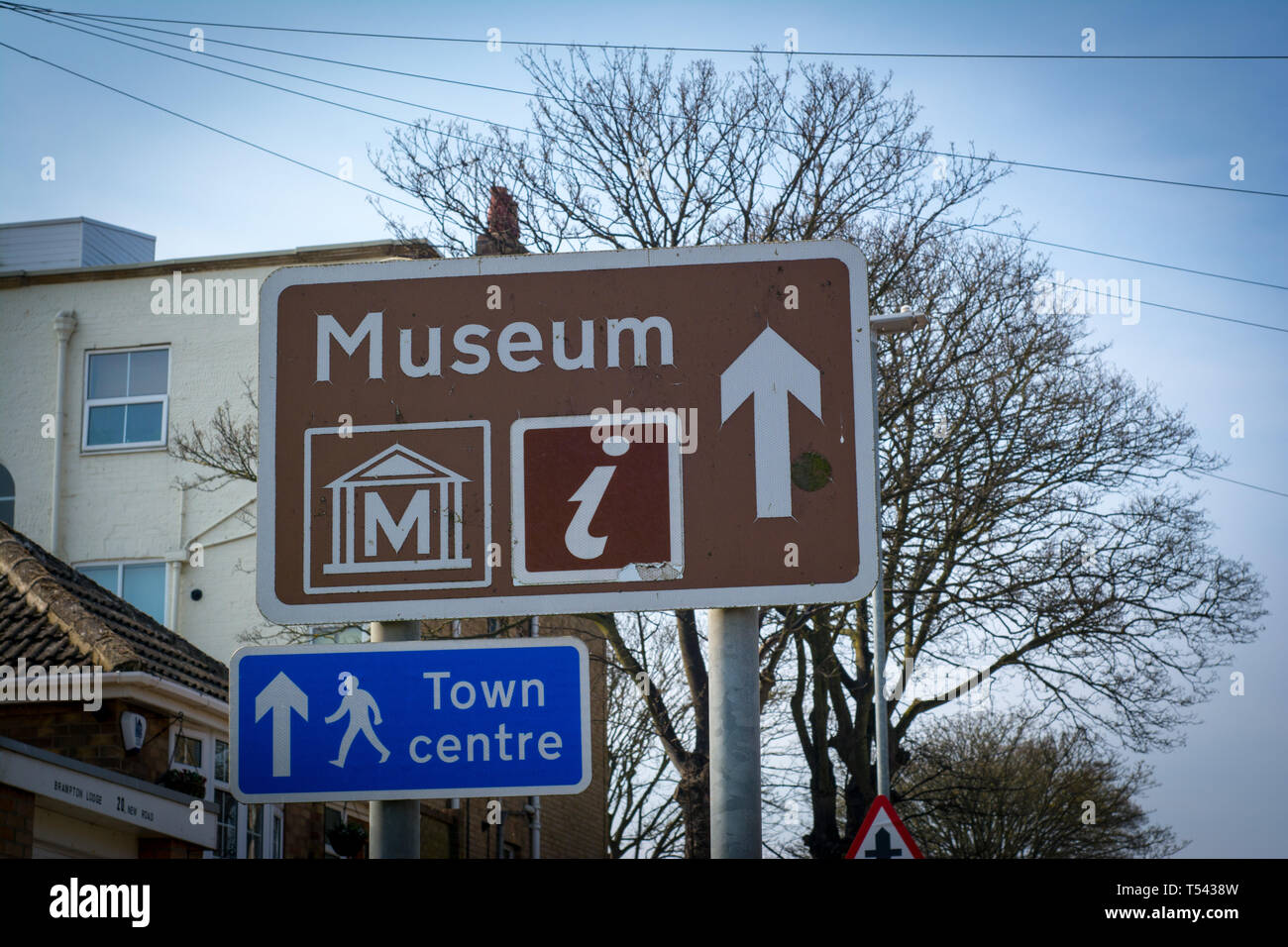 Town center blue sign in english at Hornsea, Yorkshire, UK. Stock Photo