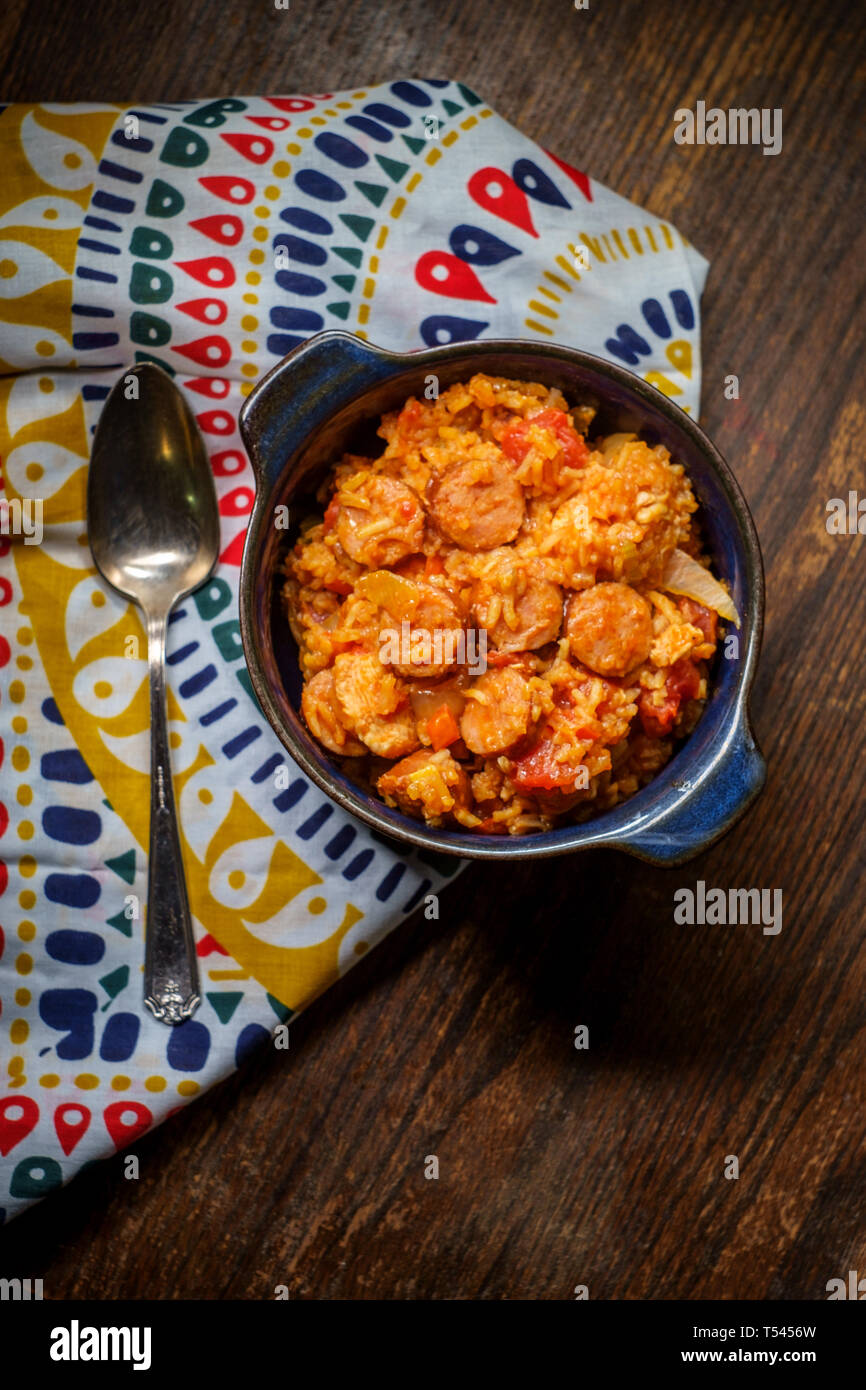 Creole bowl of chicken and andouille sausage Jambalaya with rice in
