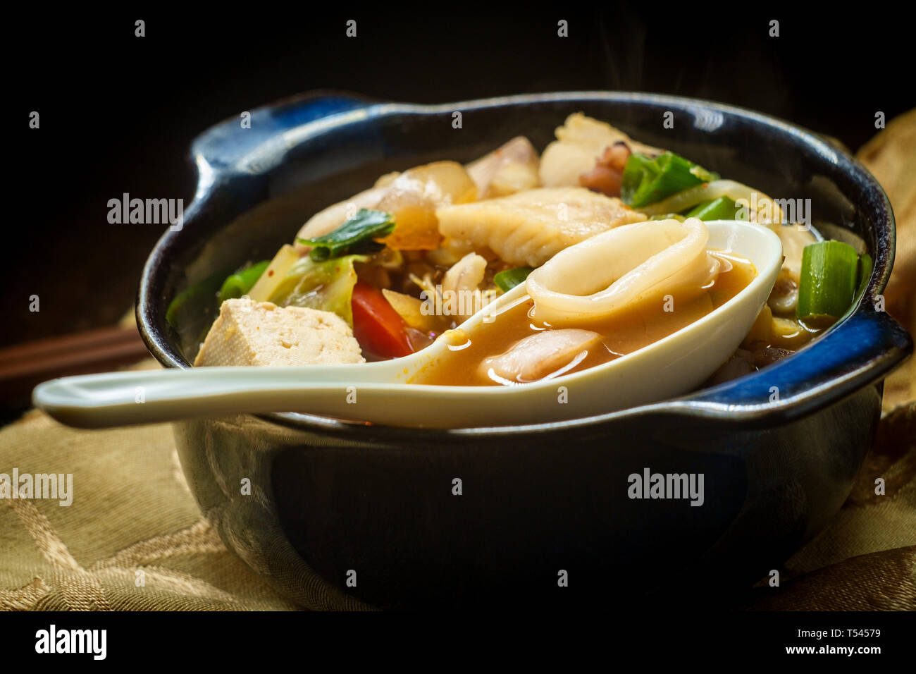 Korean seafood stew also called Haemul Jeongol with tofu tilapia