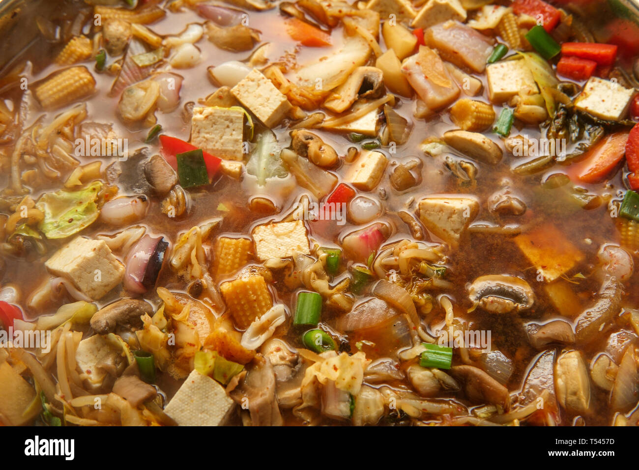 Korean seafood stew also called Haemul Jeongol with tofu tilapia