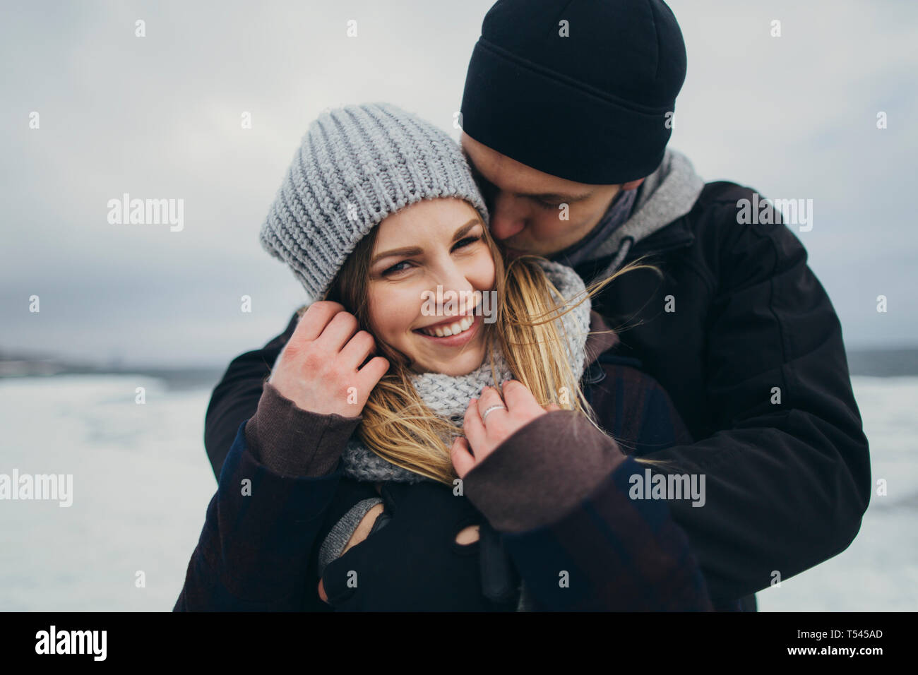 Young couple wearing warm clothing Stock Photo