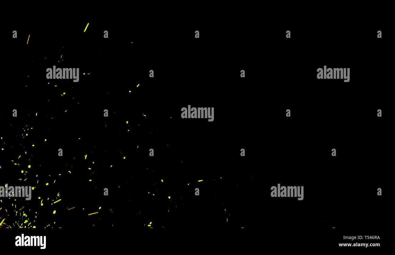 Yellow particles effect dust debris isolated on black background, motion powder spray. Stock Photo