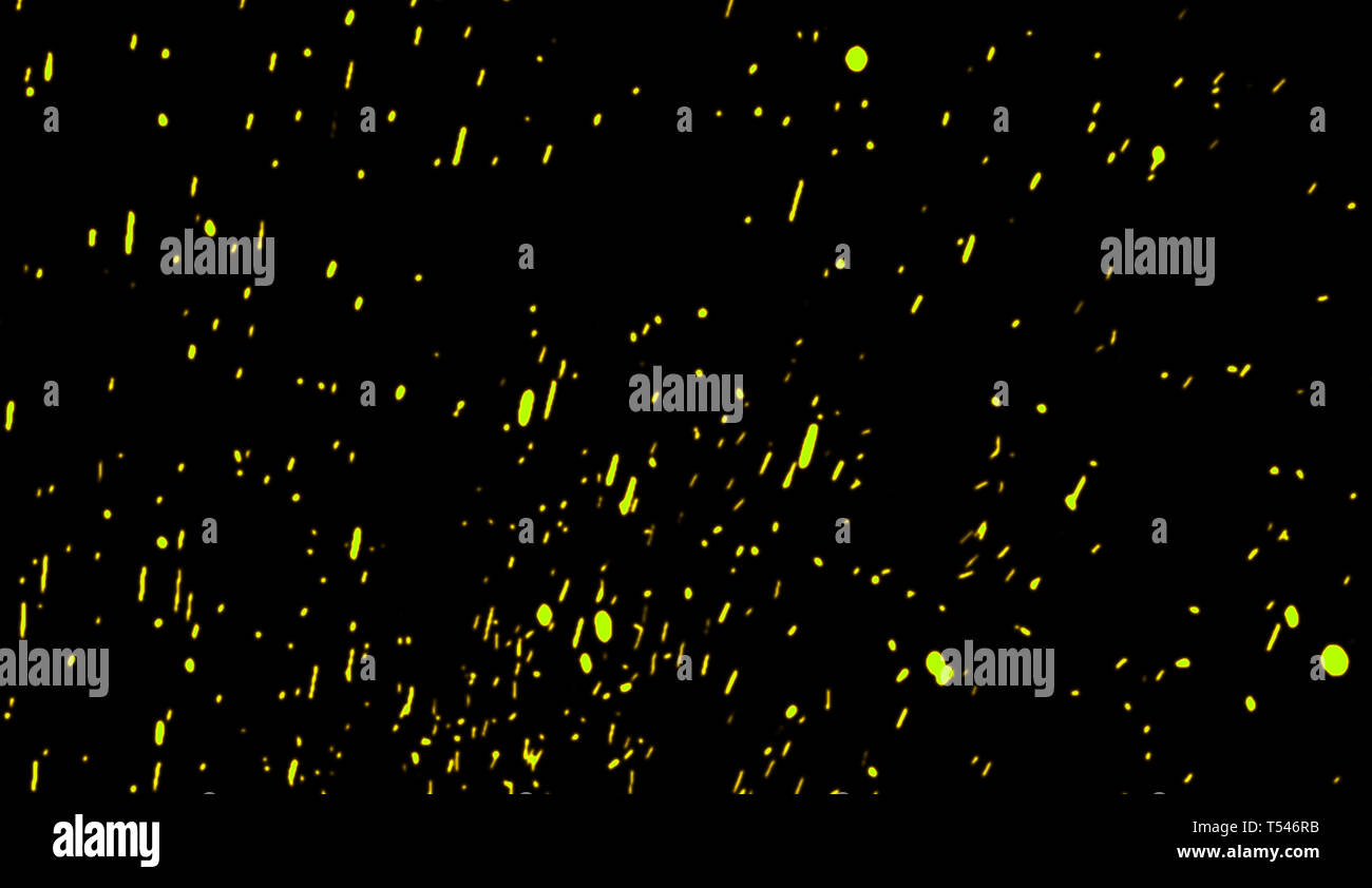 Yellow particles effect dust debris isolated on black background, motion powder spray. Stock Photo