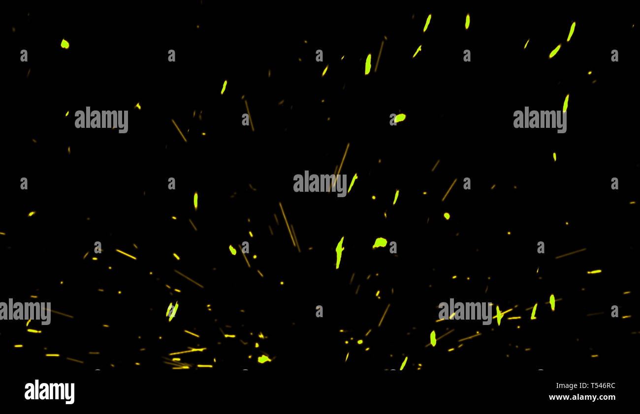 Yellow particles effect dust debris isolated on black background, motion powder spray. Stock Photo