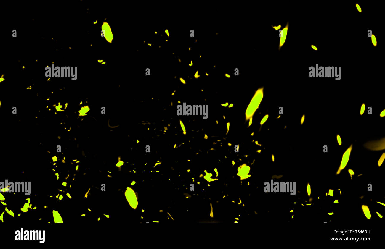 Yellow particles effect dust debris isolated on black background, motion powder spray. Stock Photo