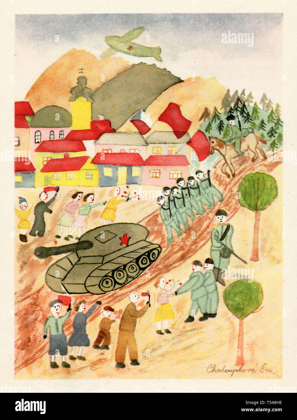 Liberation of Czechoslovakia by the Red Army in 1945 depicted in the child's drawing by 11-year-old girl Eva Chaloupková from the village of Čebín in South Moravia, Czechoslovakia, published in the Czechoslovak book 'How the Red Army Has Liberated Me' ('Jak mě osvododíla Rudá armada') dated from 1953. Stock Photo