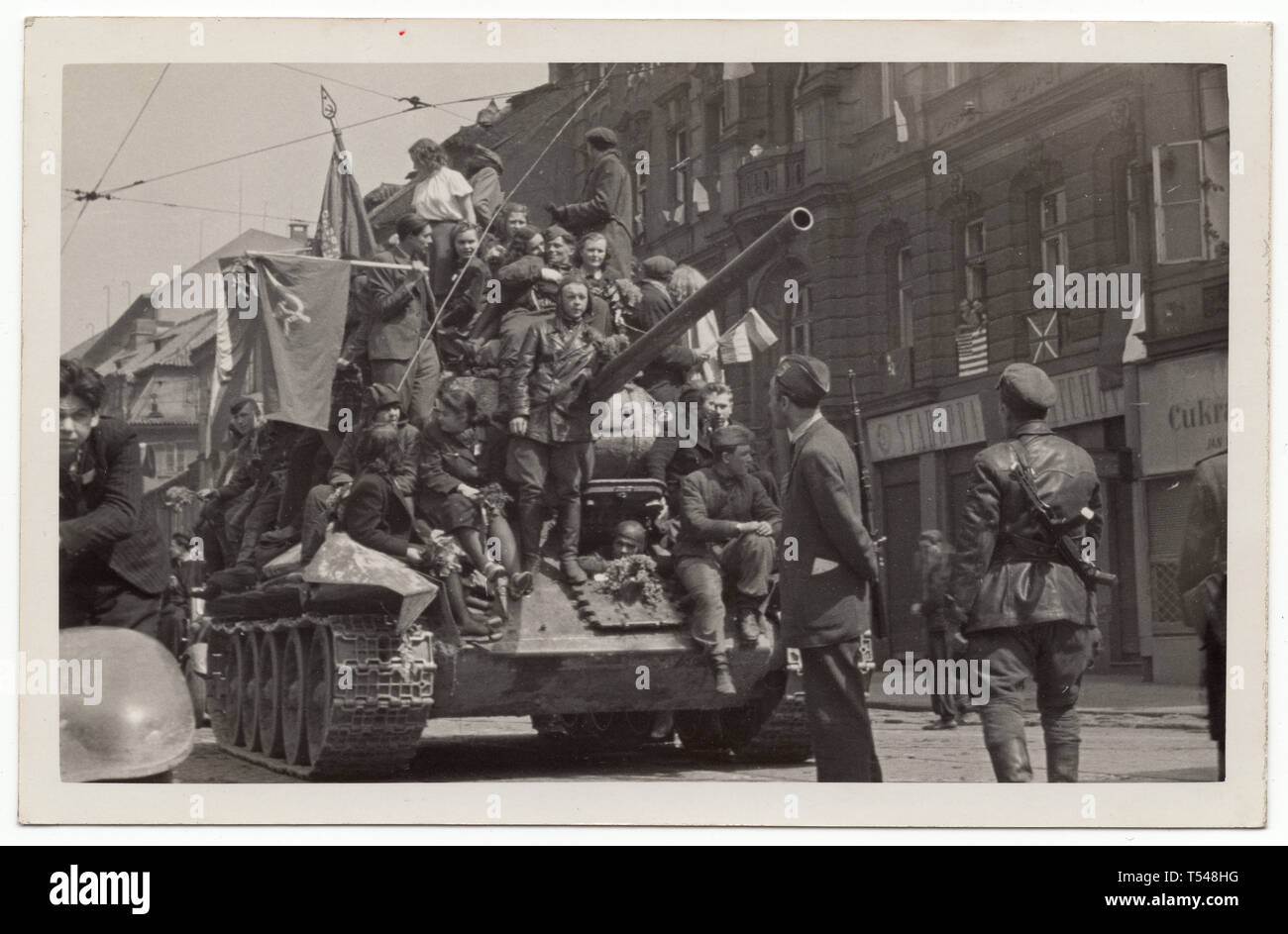 Red Army tank T-34 in Prague, Czechoslovakia, on 9 May 1945. Black and white vintage photograph by an unknown photographer taken in May 1945. Courtesy of the Azoor Photo Collection. Stock Photo