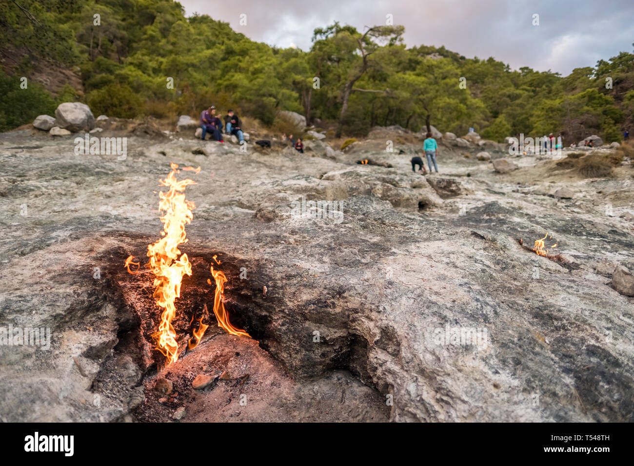 Flames of Chimera Mount from the underground. Fire from the natural gas in the rocks in Cirali, Turkey. Stock Photo