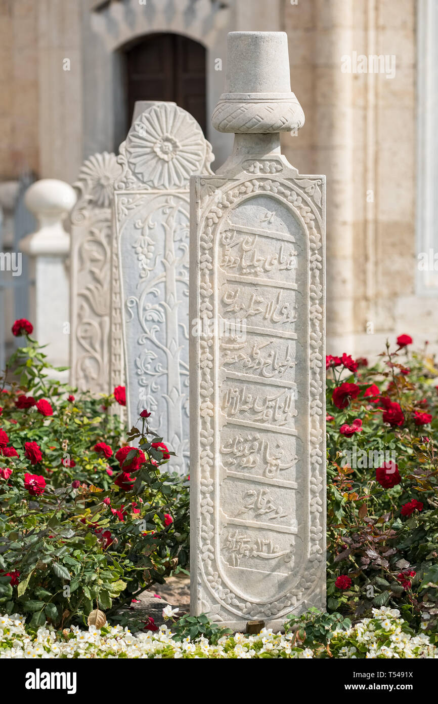Konya, Turkey - October 21, 2018: Ottoman and Seljuk period tomb stones, Mevlana museum garden Konya, Turkey Stock Photo