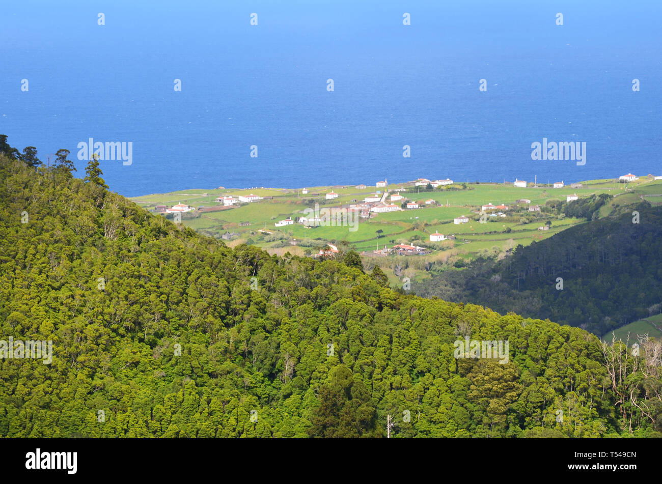 Panoramic views over Santa Maria island from the summit of Pico Alto, its highest hill Stock Photo