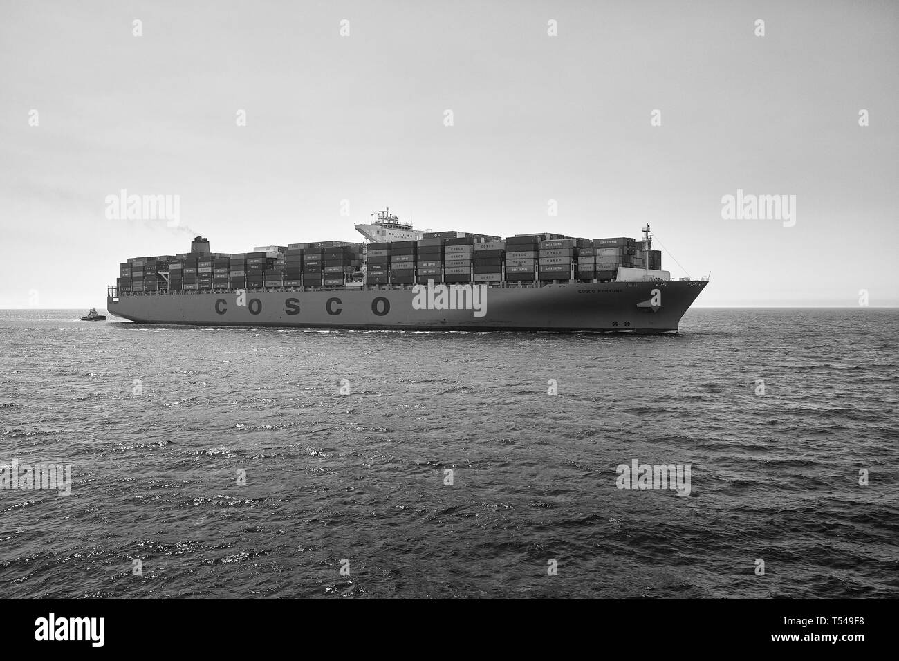 Black And White Photo Of The COSCO Shipping Container Ship, COSCO FORTUNE, Entering The Port Of Long Beach, California, USA. Stock Photo