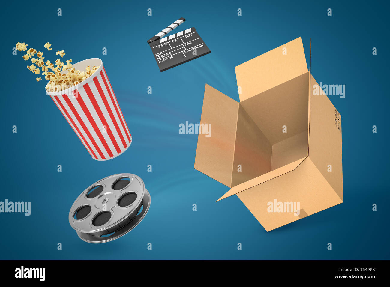 3d rendering of empty cardboard box, clapperboard, film reel and pop corn  bucket suspended in air on blue gradient background Stock Photo - Alamy