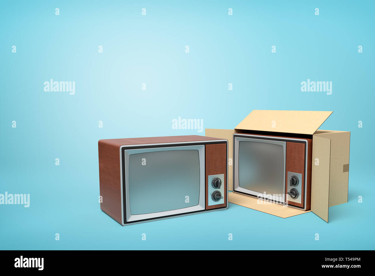 3d rendering of retro TV set in carton box on blue background. Stock Photo
