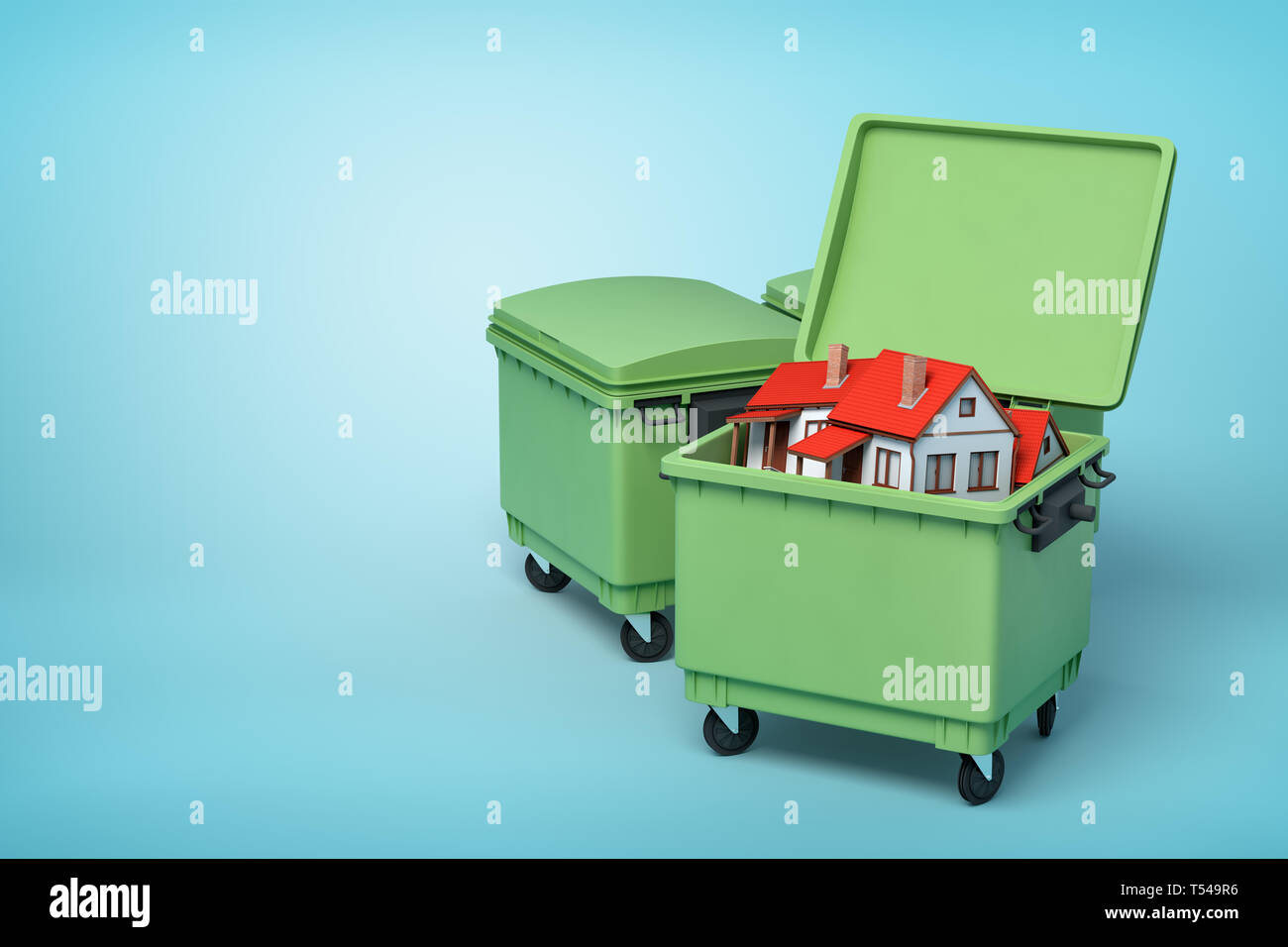 3d rendering of green trash bins with small white houses inside on blue background Stock Photo