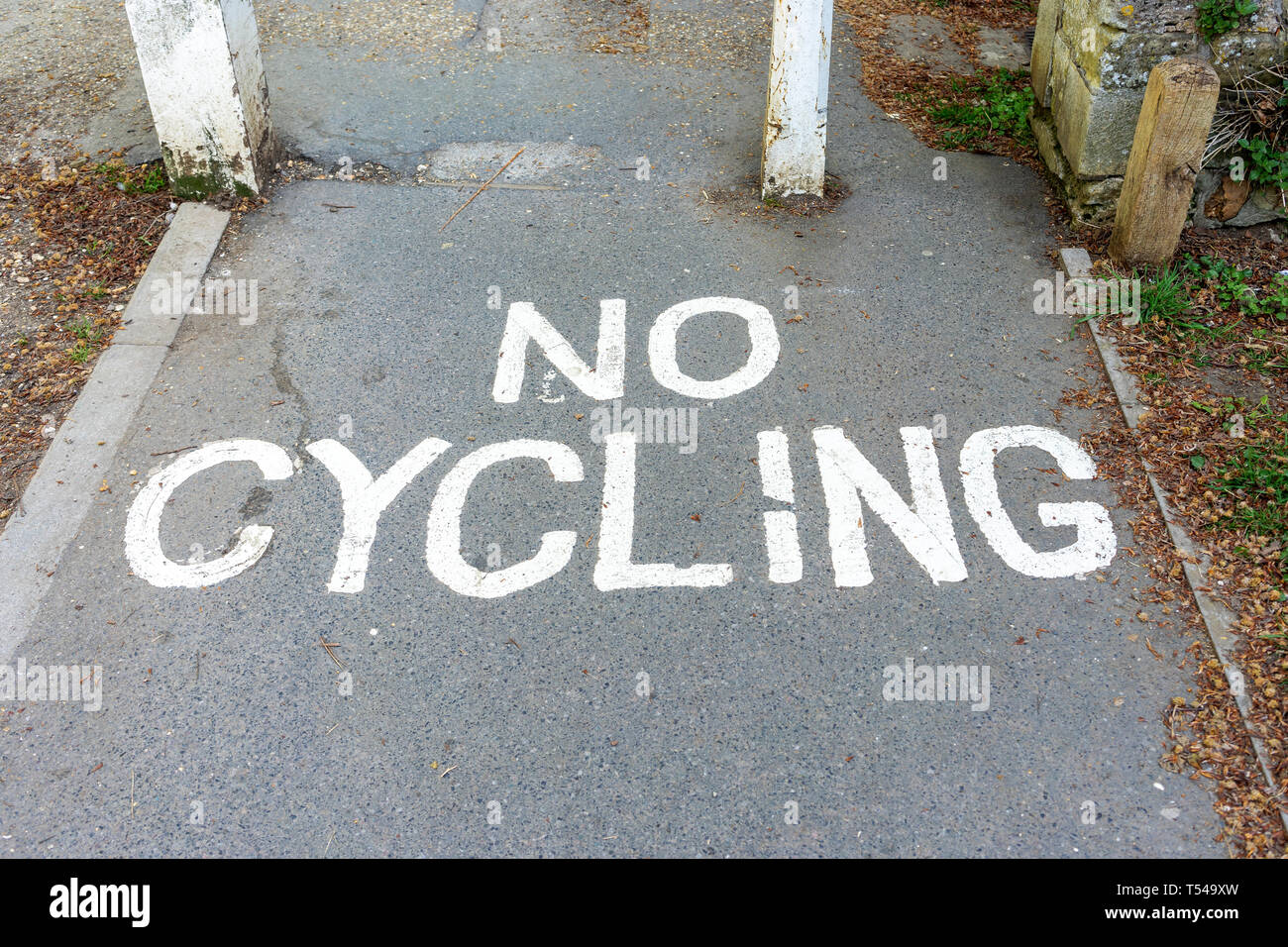 No cycling in white paint on road surface Stock Photo