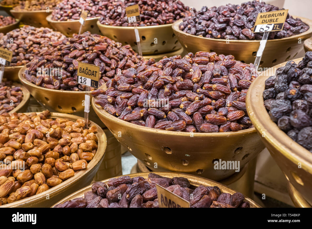 Various types of dried dates for sale  in the shop in Turkey Stock Photo