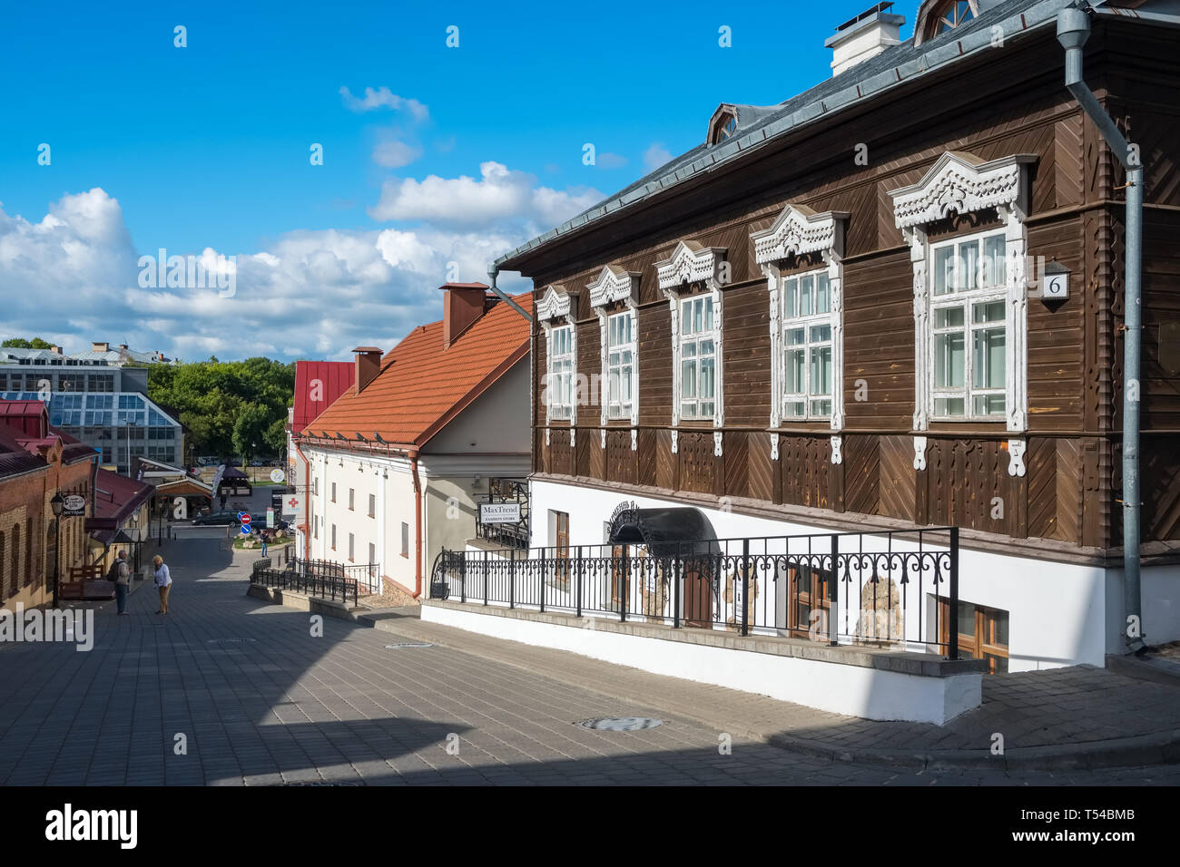 Minsk, Belarus - July 4, 2018: Old wooden house near the famous Zybickaja street in Upper Town in Minsk, Belarus Stock Photo