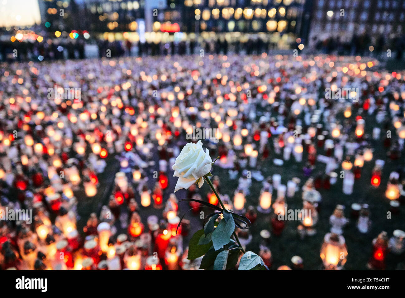Thousands of candles seen on the Solidarity Square in Gdansk, Poland, the day before the funeral of brutally murdered Mayor of Gdansk Pawel Adamowicz. Stock Photo