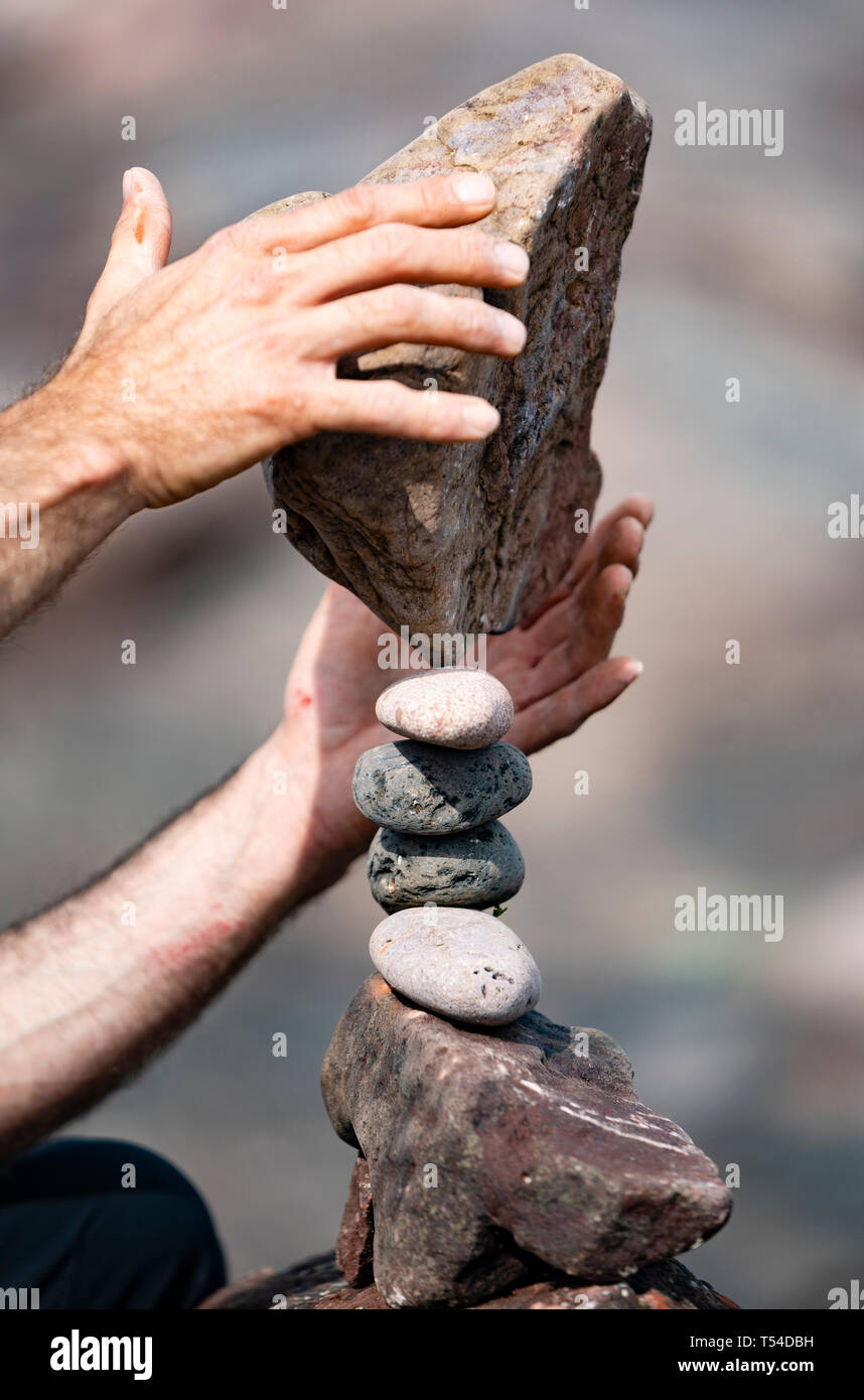 Dunbar, Scotland, UK. 20th Apr, 2019. Detail of stone stack being erected on Eye Cave beach in Dunbar during opening day of the European Stone Stacking Championship 2019. Credit: Iain Masterton/Alamy Live News Stock Photo