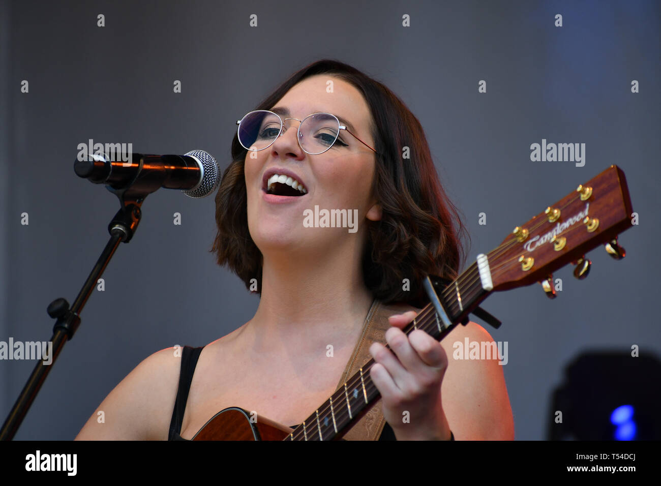 London, UK. 20th April, 2019.Basking in London - Lucy May Walker performs Lydia Bright presenter at the Feast of St George to celebrate English culture with music and English food stalls in Trafalgar Square on 20 April 2019, London, UK. Credit: Picture Capital/Alamy Live News Stock Photo