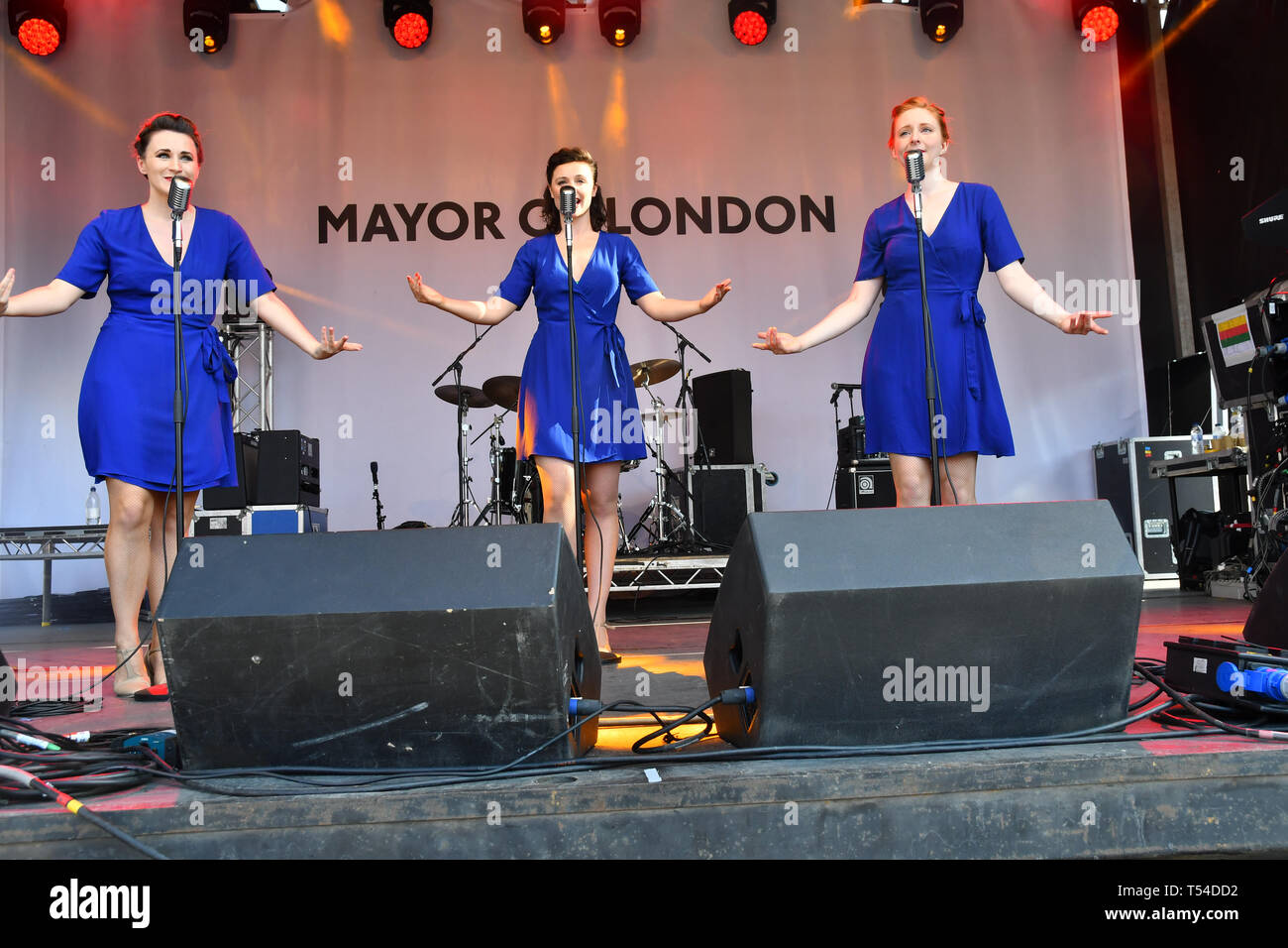 Rooftop Trio performs marriage at the Feast of St George to celebrate English culture with music and English food stalls in Trafalgar Square on 20 April 2019, London, UK. Stock Photo