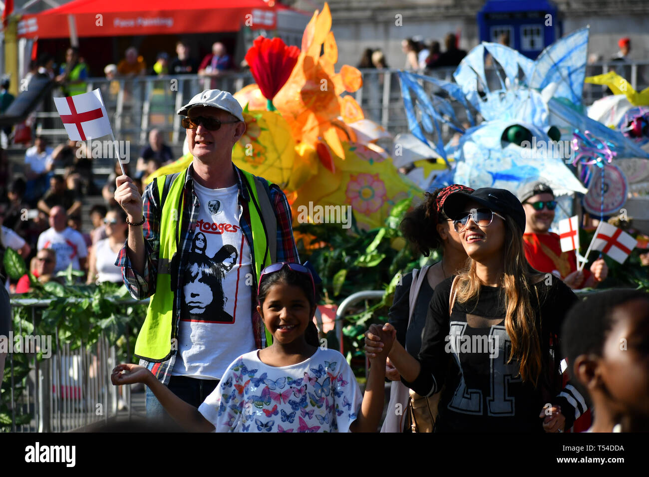 London, UK. 20th April, 2019.Feast of St George to celebrate English culture with music and English food stalls in Trafalgar Square on 20 April 2019, London, UK. Credit: Picture Capital/Alamy Live News Stock Photo