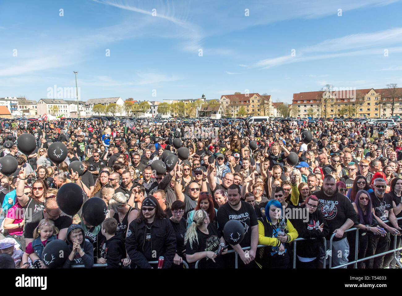 Germany. 20th Apr, 2019. Fans stand in front of the stage during a fan festival and short concert of the controversial South Tyrolean German rock band Frei.Wild. In the afternoon, the