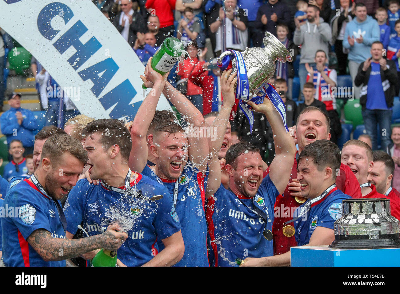 Windsor Park, Belfast, Northern Ireland, UK. 20th Apr, 2019. Linfield, confirmed as Danske Bank Premiership champions last Saturday, lifted the league trophy today after their home league game against Glenavon. The Belfast side, managed by former Northern Ireland international David Healy, have now won the Irish League title on 53 occasions. Linfield captain Jamie Mulgrew lifts the leagues winners trophy - The Gibson Cup - for Linfield. Credit: CAZIMB/Alamy Live News. Stock Photo