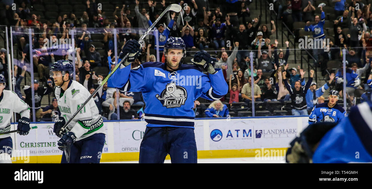 Jacksonville, USA. 19th Apr, 2019. Jacksonville Icemen forward Cam Maclise (8) celebrates Fortier's goal during the first period of an ECHL professional hockey playoff game against the Florida Everblades at Veterans Memorial Arena in Jacksonville, Fla., Friday, April 19, 2019. (Gary Lloyd McCullough/Cal Sport Media) Credit: Cal Sport Media/Alamy Live News Stock Photo