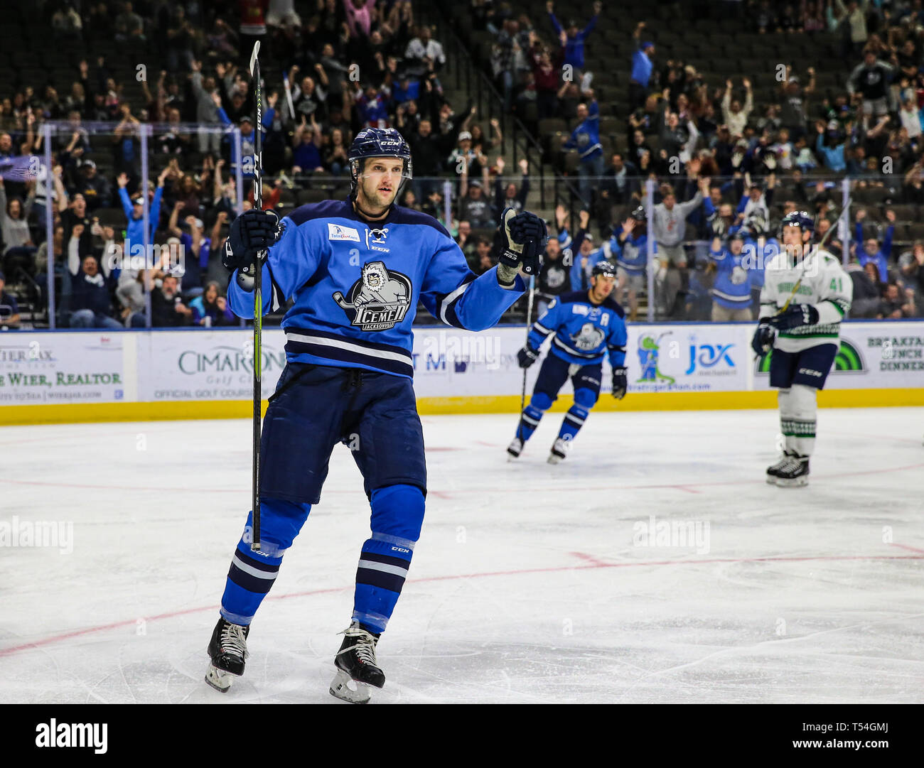 Jacksonville, USA. 19th Apr, 2019. Jacksonville Icemen forward Cam Maclise (8) celebrates Fortier's goal during the first period of an ECHL professional hockey playoff game against the Florida Everblades at Veterans Memorial Arena in Jacksonville, Fla., Friday, April 19, 2019. (Gary Lloyd McCullough/Cal Sport Media) Credit: Cal Sport Media/Alamy Live News Stock Photo