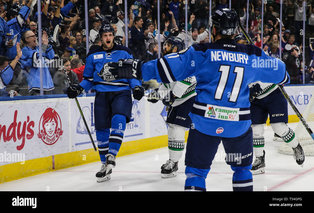 Jacksonville, USA. 19th Apr, 2019. Jacksonville Icemen forward Cam Maclise (8), left, celebrates his goal during the first period of an ECHL professional hockey playoff game against the Florida Everblades at Veterans Memorial Arena in Jacksonville, Fla., Friday, April 19, 2019. (Gary Lloyd McCullough/Cal Sport Media) Credit: Cal Sport Media/Alamy Live News Stock Photo