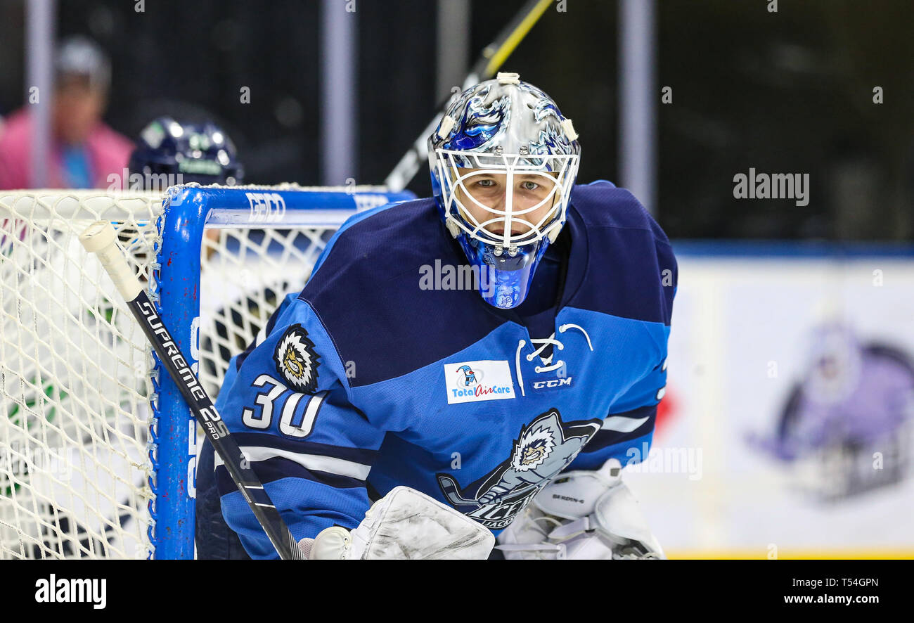 Jacksonville, USA. 19th Apr, 2019. Jacksonville Icemen goaltender Mikhail Berdin (30) during the second period of an ECHL professional hockey playoff game against the Florida Everblades at Veterans Memorial Arena in Jacksonville, Fla., Friday, April 19, 2019. (Gary Lloyd McCullough/Cal Sport Media) Credit: Cal Sport Media/Alamy Live News Stock Photo