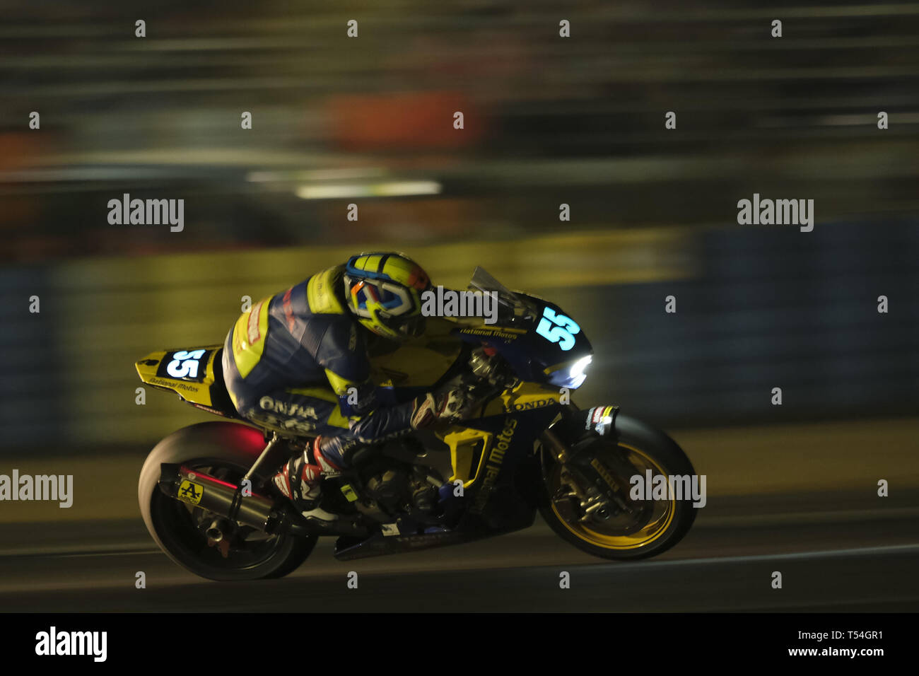 Le Mans, Sarthe, France. 20th Apr, 2019. National Motos Honda CB R1000 -  French rider STEPHANE EGEA in action during the 42th edition of the 24  hours motorcycle of Le Mans at