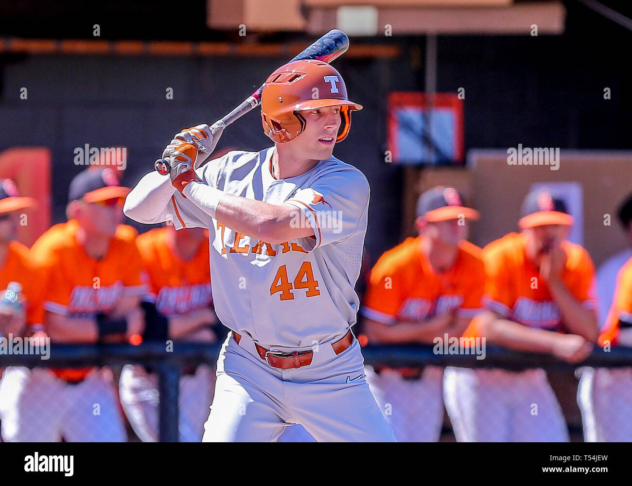 Stillwater, OK, USA. 20th Apr, 2019. University of Texas outfielder Austin Todd (44) at bat during a baseball game between the University of Texas Longhorns and Oklahoma State Cowboys at Allie P. Reynolds Stadium in Stillwater, OK. Gray Siegel/CSM/Alamy Live News Stock Photo