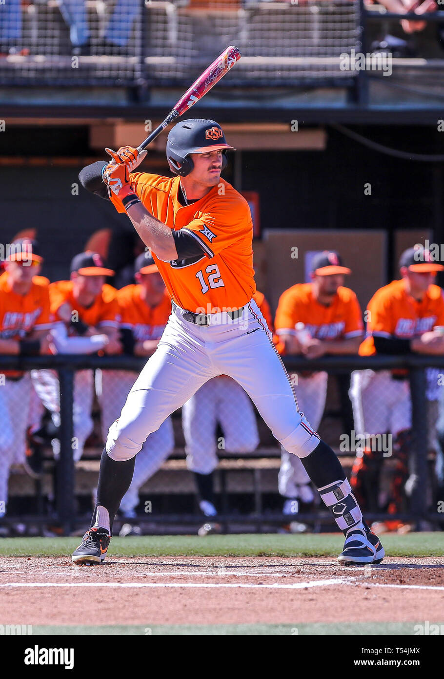 Stillwater, OK, USA. 20th Apr, 2019. Oklahoma State University outfielder Carson McCusker (12) at bat during a baseball game between the University of Texas Longhorns and Oklahoma State Cowboys at Allie P. Reynolds Stadium in Stillwater, OK. Gray Siegel/CSM/Alamy Live News Stock Photo
