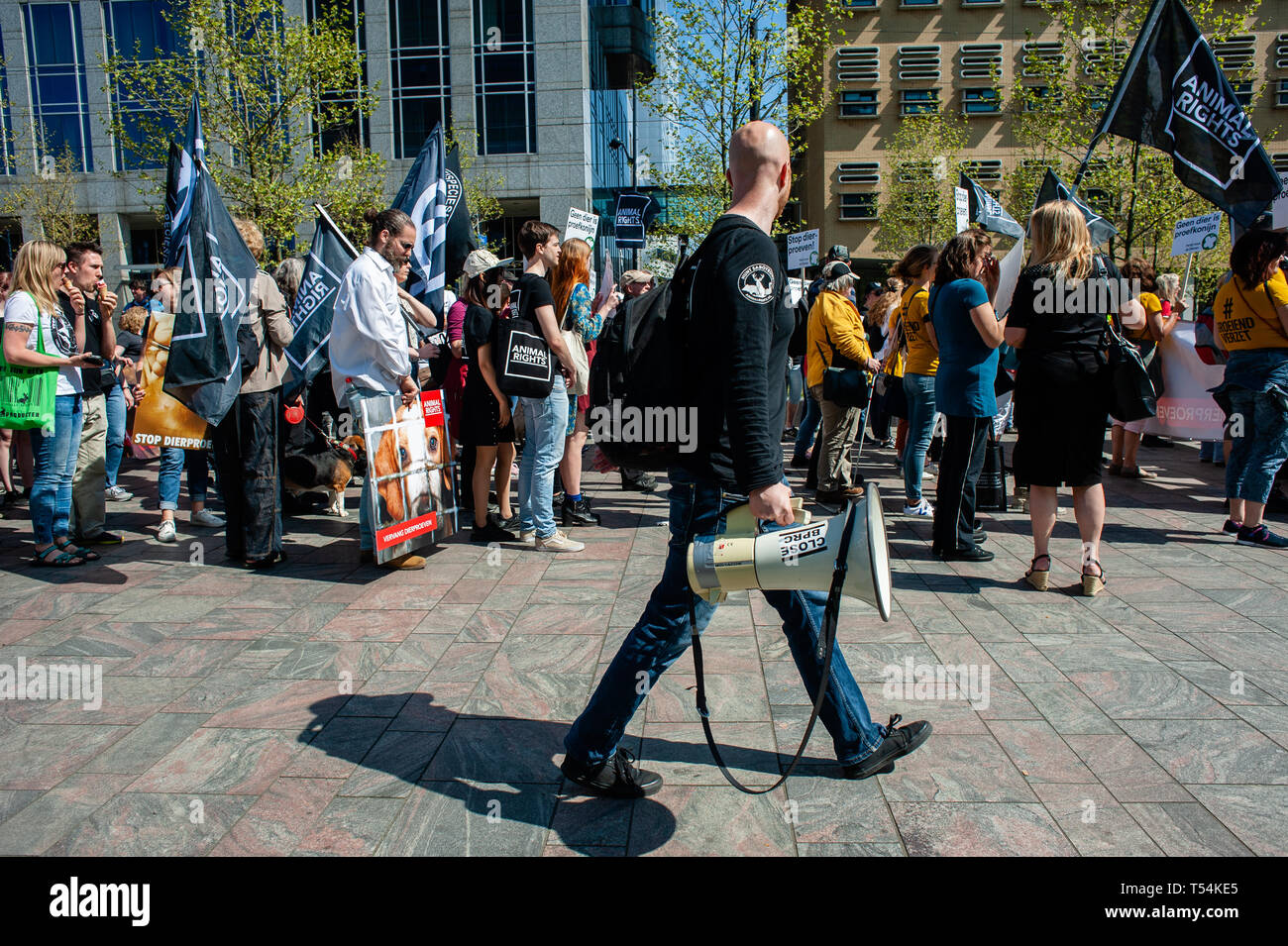 Rotterdam, Netherlands. 20th Apr, 2019. Robert Molenaar, founder of Animal  Rights organization is seen walking with a megaphone during the  demonstration. The Non-governmental organization 'Animal Rights' organized  a demonstration for the replacement