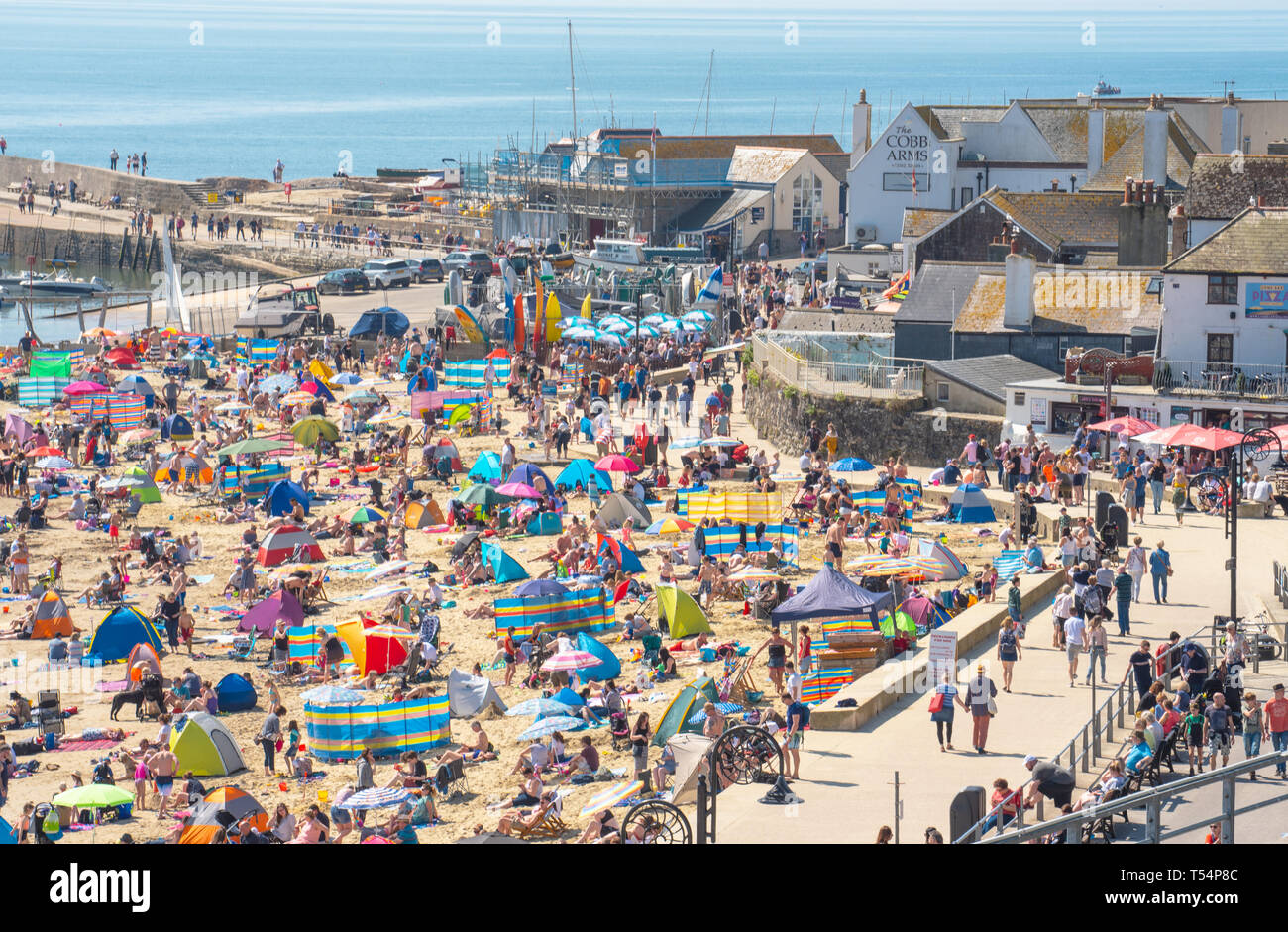 Lyme Regis, Dorset, UK. 21st April 2019. UK Weather: Visitors flock to the crowded beach at Lyme Regis to bask in scorching hot Easter Sunday sunshine.  Sunbathers bask in soaring temperatures on the town's beaches on a baking bank holiday weekend as the Jurassic coast roasts in the early spring heatwave bringing a massive early boost to the local economy.   Credit: Celia McMahon/Alamy Live News. Stock Photo