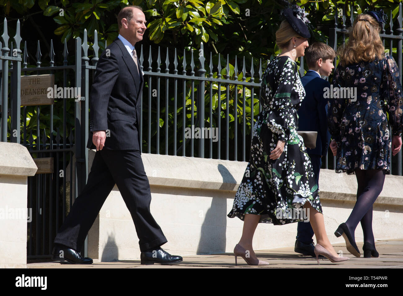 Windsor, UK. 21st April 2019. The Earl and Countess of Wessex, James, Viscount Severn, and Lady Louise Windsor leave St George's Chapel in Windsor Castle after attending the Easter Sunday service. Credit: Mark Kerrison/Alamy Live News Stock Photo