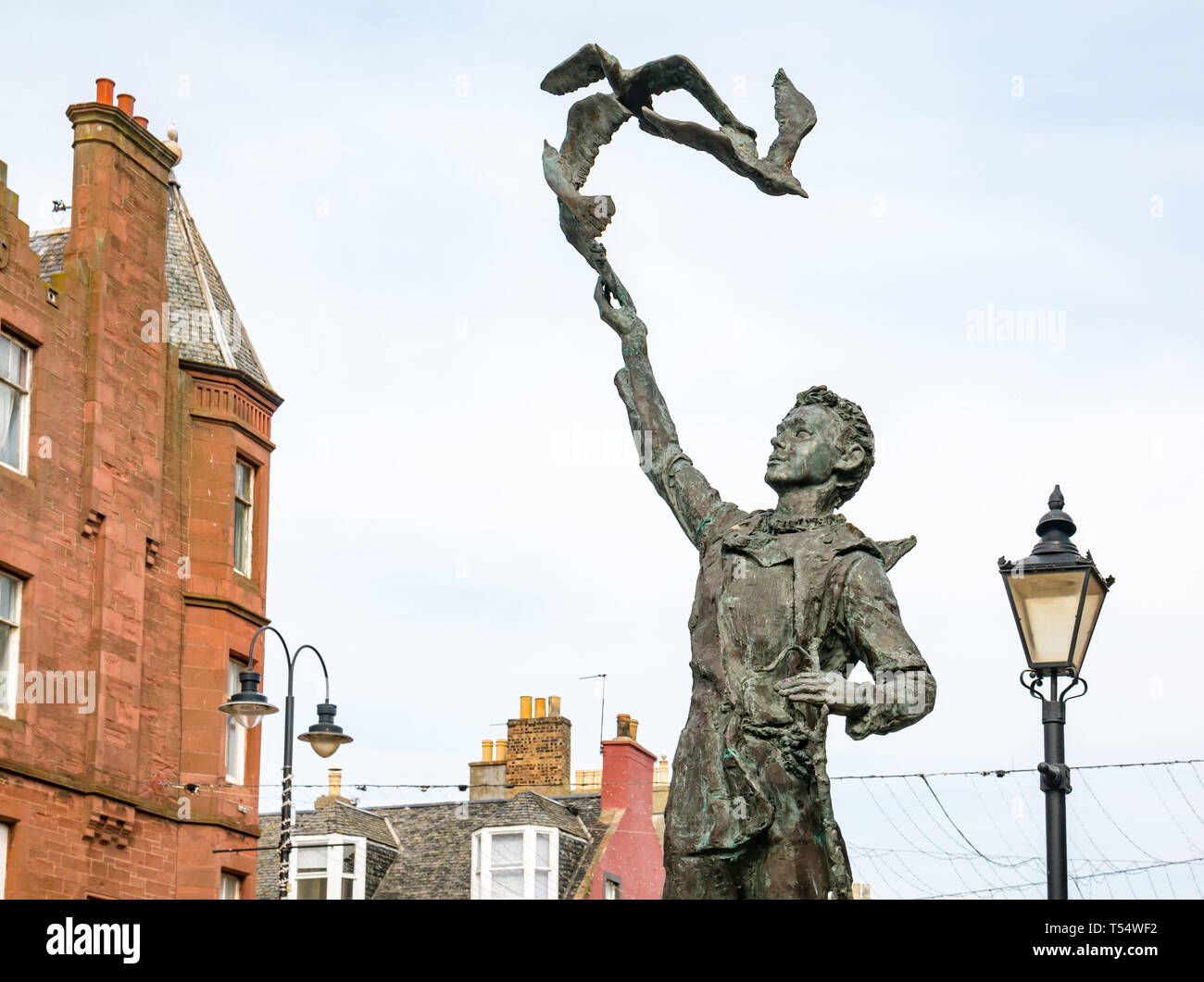 Dunbar, East Lothian, Scotland, UK. 21st Apr 2019.  John Muir's 181st birthday in his birthplace. A statue of John Muir as a boy by Valetin Znoba in the centre of the town Stock Photo