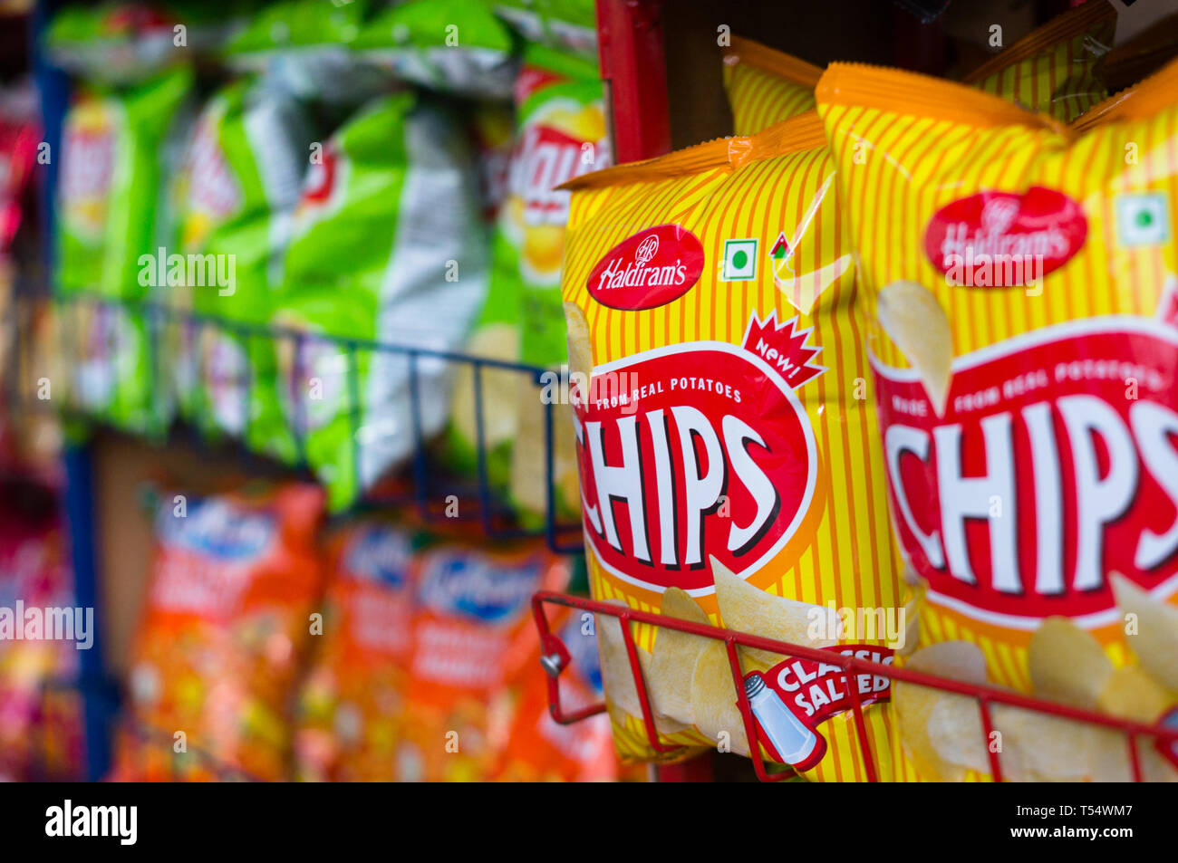 Colorful packaging of the top chip FMCG brands in indian retail stores