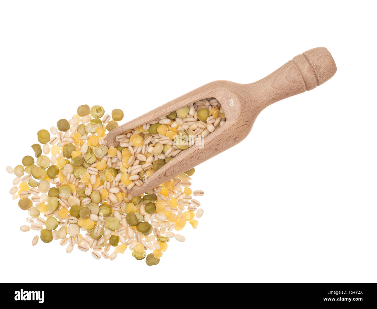 Pearl barley with beans, pulses. split green peas and yellow lentils. Healthy eating source of vitamins and fibre. With scoop, isolated on white. Stock Photo