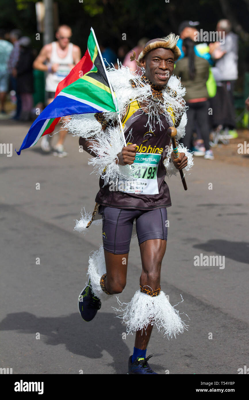 Zulu clothing and SA Flag, Running the Two Oceans Ultra Marathon Stock Photo