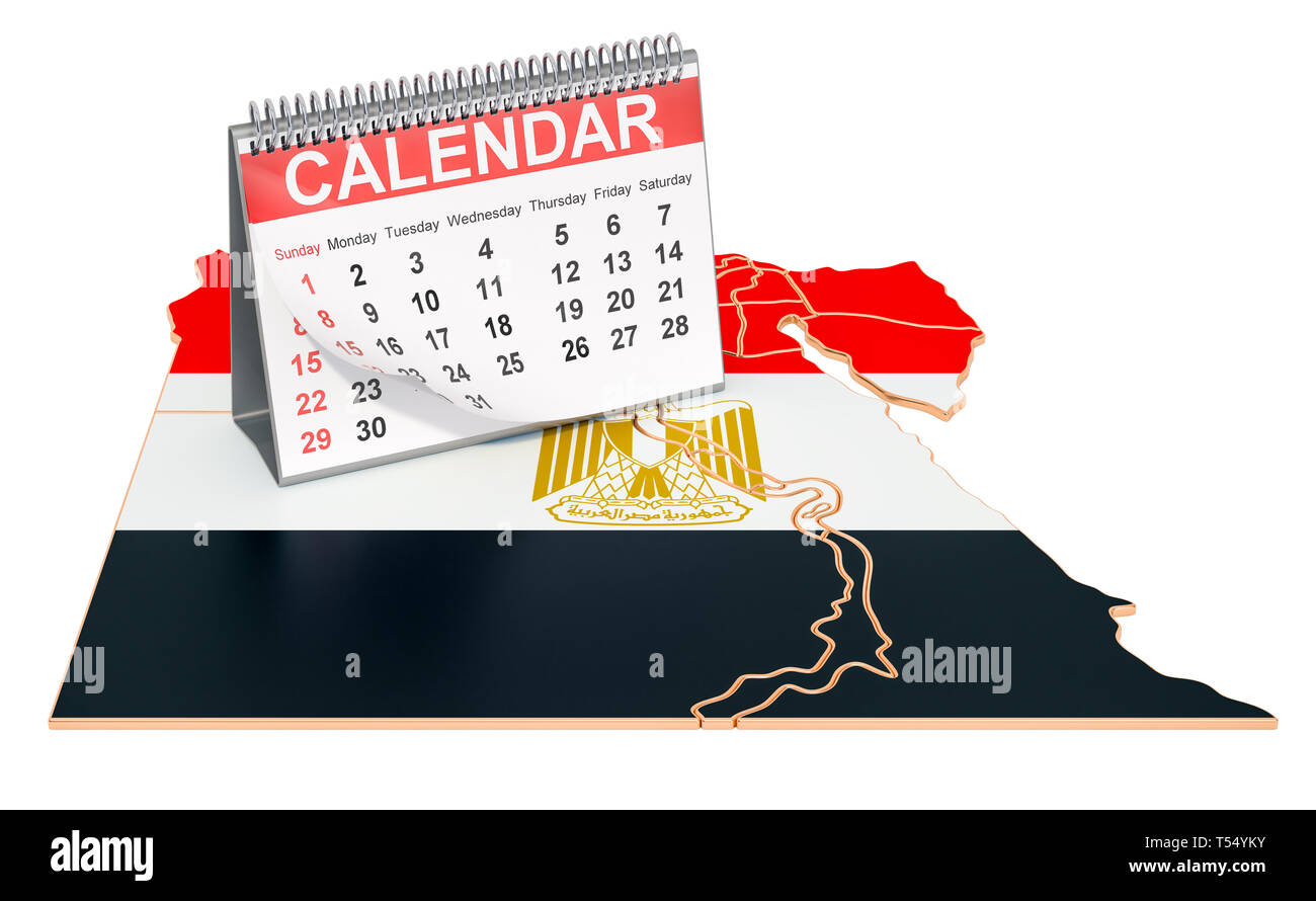 Desk calendar on the map of Egypt. 3D rendering isolated on black