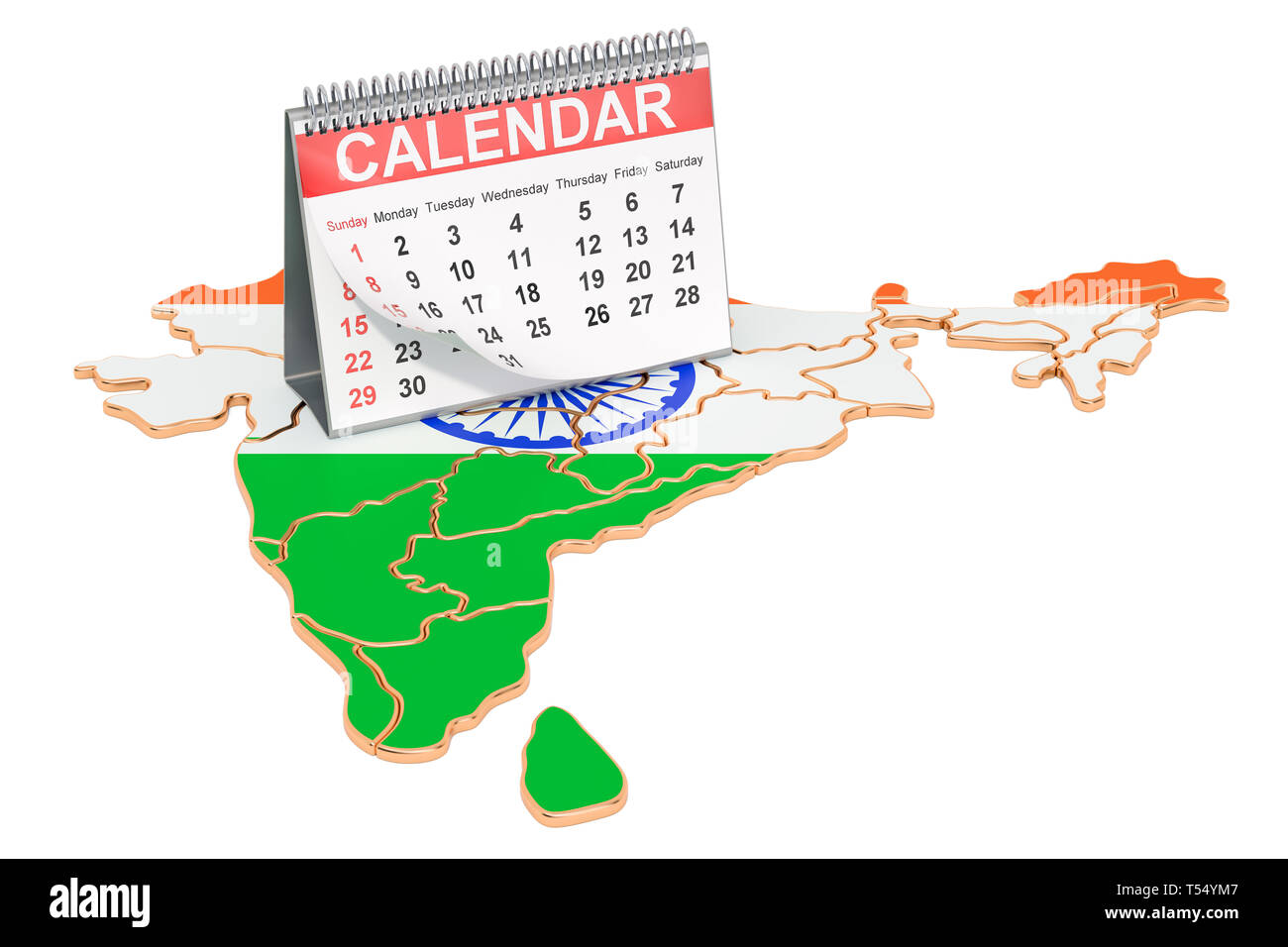 Desk calendar on the map of India. 3D rendering isolated on black