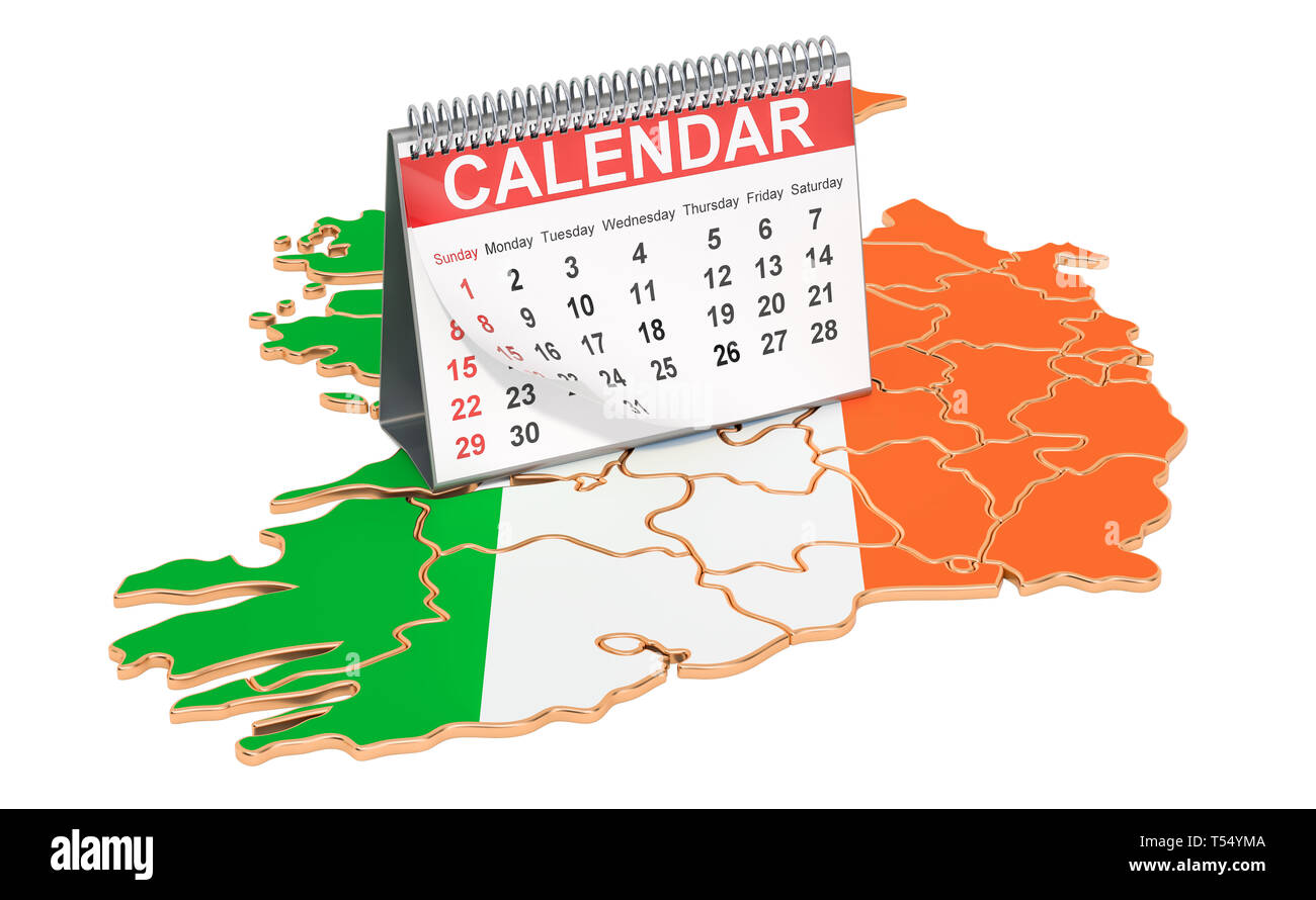 Desk calendar on the map of Ireland. 3D rendering isolated on black