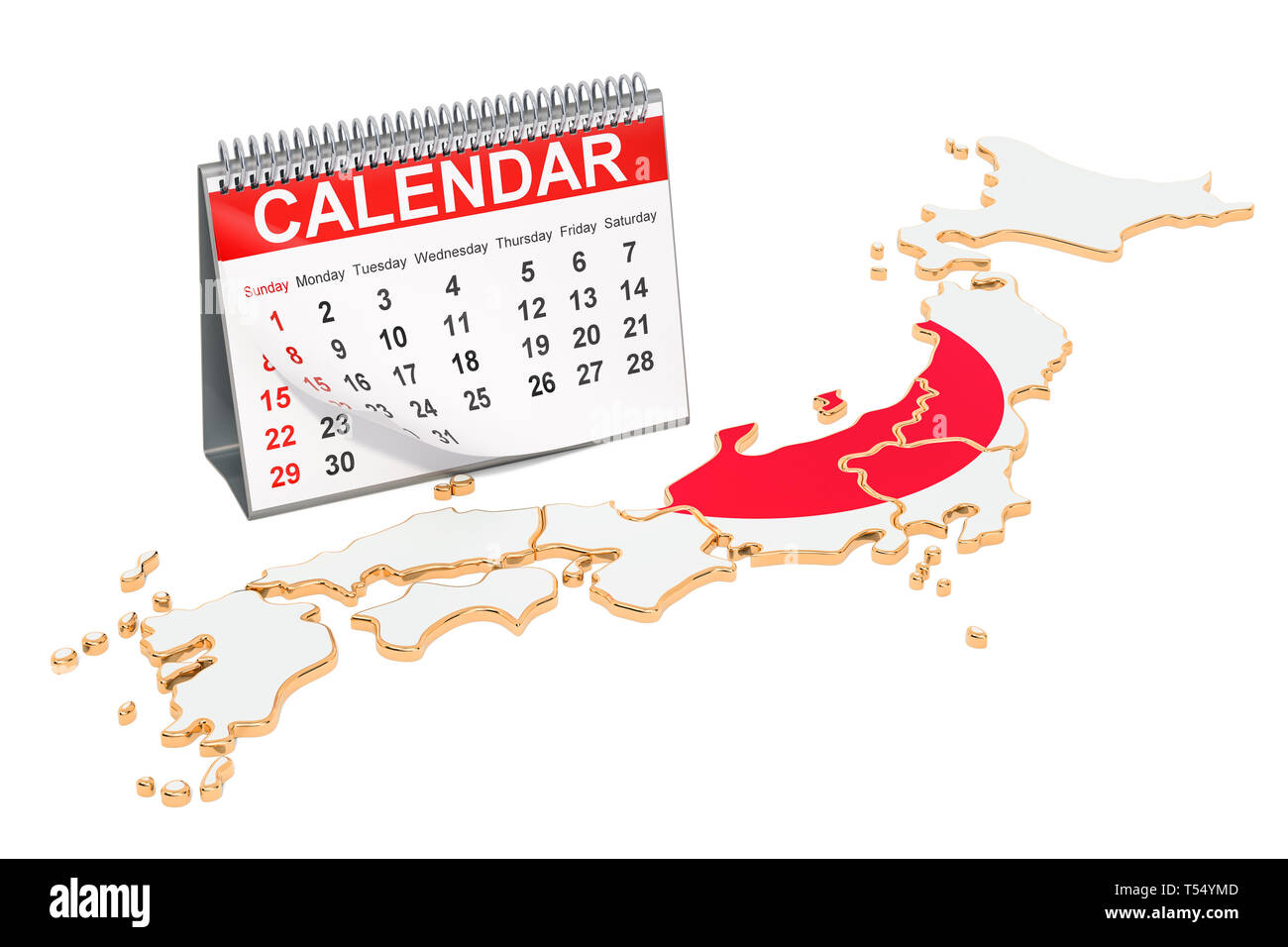 Desk calendar on the map of Japan. 3D rendering isolated on black